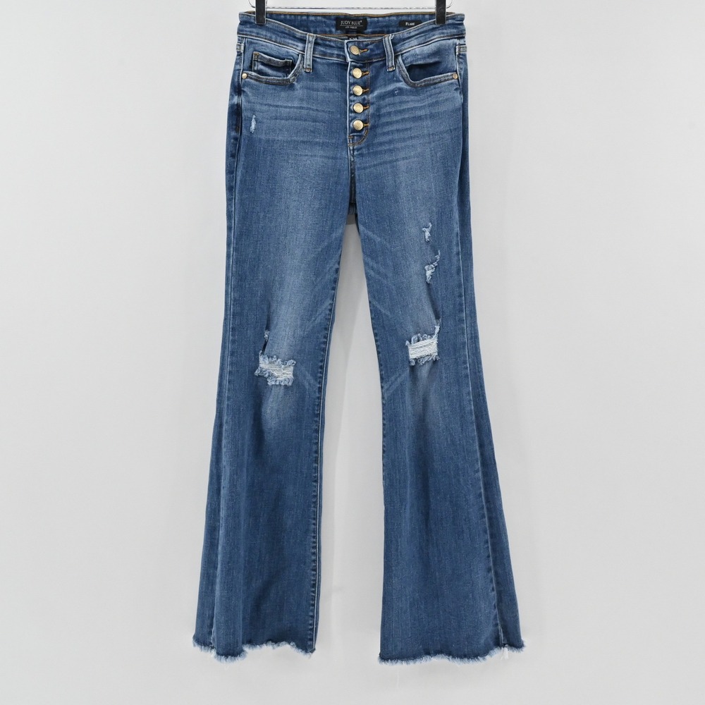 Judy Blue Mid Rise Flare Jeans Womens Size 29 Blue Distressed Button Fly Cotton